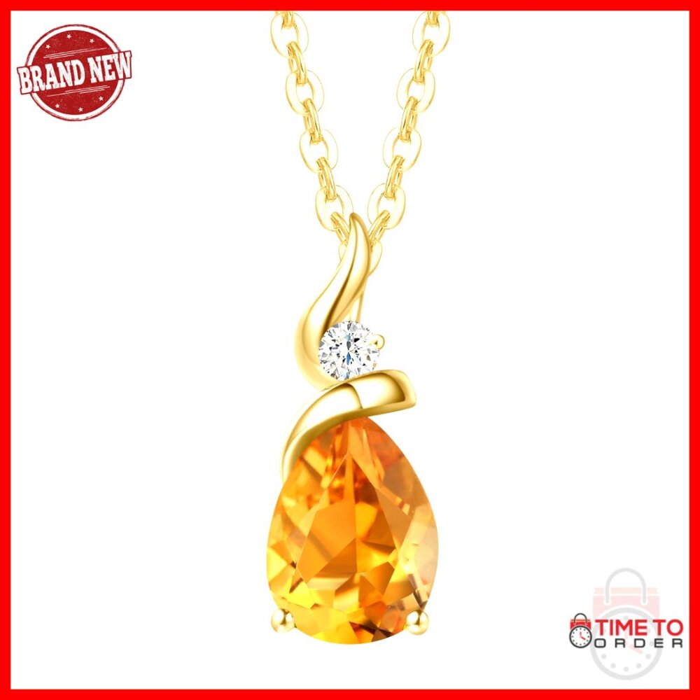 14k Gold Citrine Diamond Pendant Necklace 16" Chain Birthday Gift